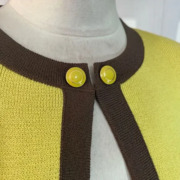 St John collection yellow knit brown trim cardigan size 12 - Picture 7 of 10